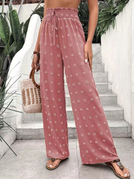 Color-Casual Micro Elastic Loose Smocking High Waist Jacquard Casual Pants Wide Leg Pants Trousers for Women-Fancey Boutique