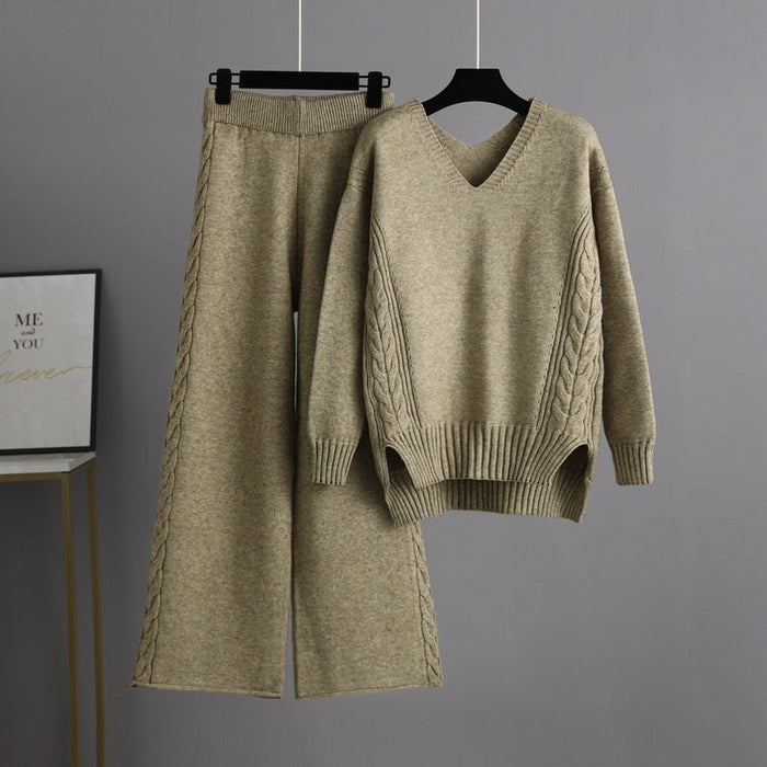 Color-Khaki-Knitted Wide Leg Pants Sweater Suit for Women Autumn Korean Loose Thick Twet-Fancey Boutique