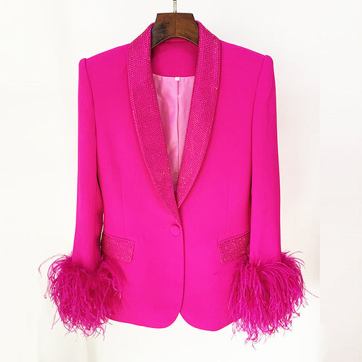 Color-Suit Jacket-Goods Star Luxury Ostrich Feather True Feathers Rhinestone Green Fruit Collar Blazer-Fancey Boutique