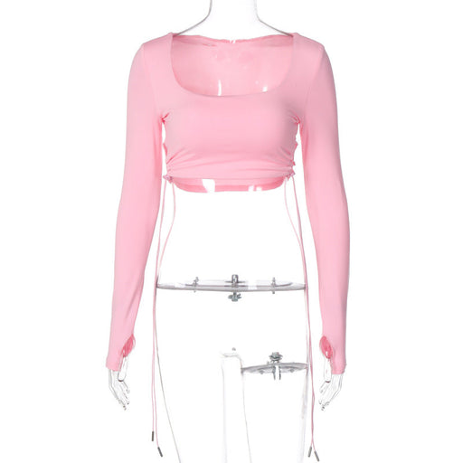 Color-Pink-Sexy Long Sleeves Cropped T shirt Fall Women Clothing Solid Color U Collar Short Top-Fancey Boutique