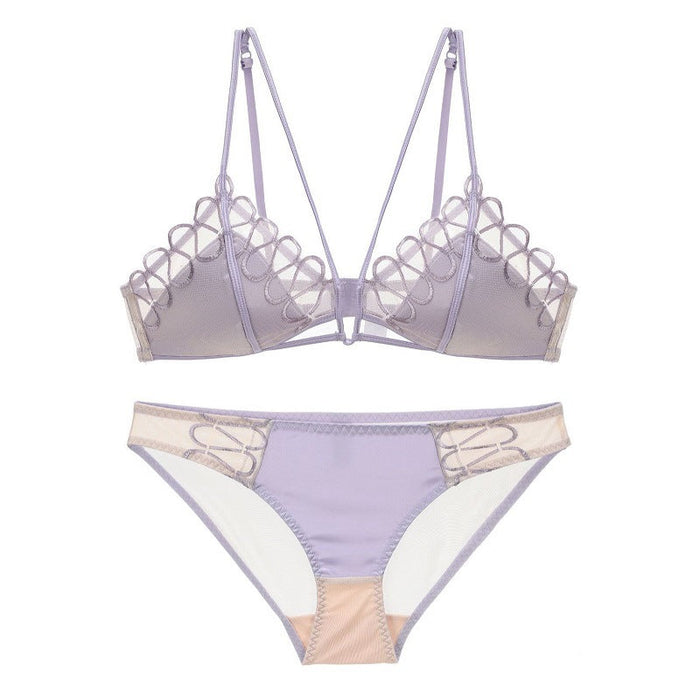Color-Purple Suit-French Mesh Embroidered Underwear Women Thin Section Without Steel Ring Triangle Cup Sexy Bra Set Bralette-Fancey Boutique
