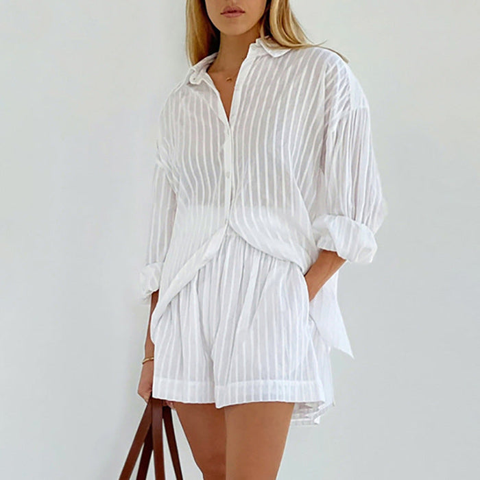 Color-French Hot Summer Women Striped Puff Sleeve Fashion Tops Loose High Waist Shorts Design Casual Suit-Fancey Boutique