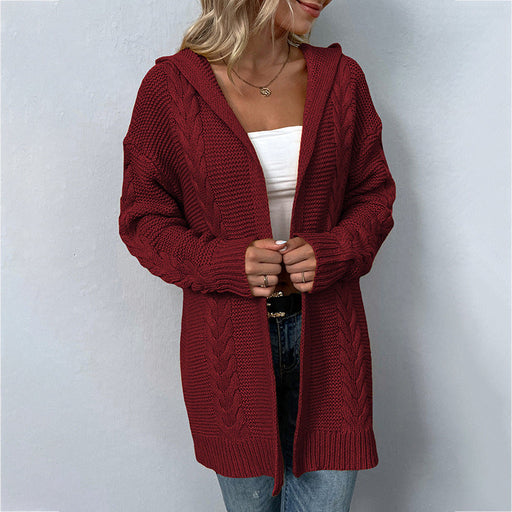 Color-Burgundy-Autumn Winter Solid Color Hooded Twist Knitwear Cardigan Sweater Women Coat-Fancey Boutique