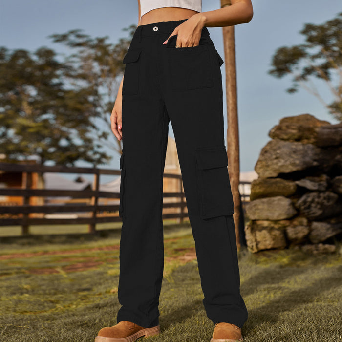 Color-Black-Retro Washed Half Elastic Multi Pocket Denim Cargo Pants Casual Pants Women-Fancey Boutique