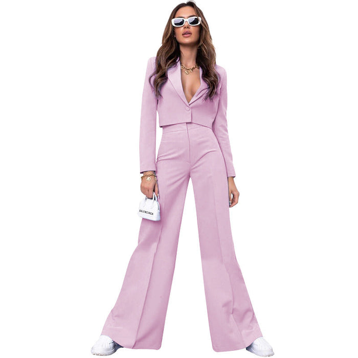 Color-Pink-Autumn Winter Solid Color Short Long Sleeve Small Suit High Waist Wide Leg Pants Suit-Fancey Boutique