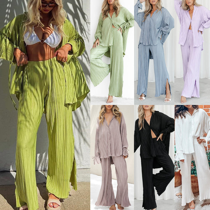 Color-Women Clothing Spring Summer Suit Pleated Shirt Long Sleeve Collared Cardigan Split Pajamas Two Piece Suit-Fancey Boutique