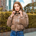 Color-Coffee-Autumn Winter Leather Coat Women Stand Collar Short Warm Bread Cotton Padded Jacket-Fancey Boutique