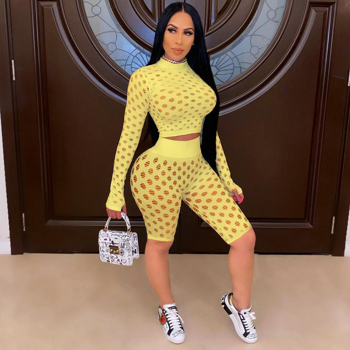 Color-Yellow-Women Nightclub Stretch Tight Eye Mesh Long Sleeve Shorts Two-Piece Suit-Fancey Boutique