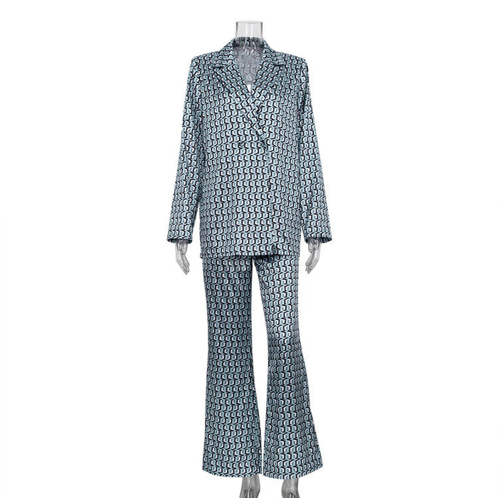 Color-Blue-Early Autumn Women Clothing Long Sleeve Collared Bootleg Pants Printing Suit Matching Street-Fancey Boutique