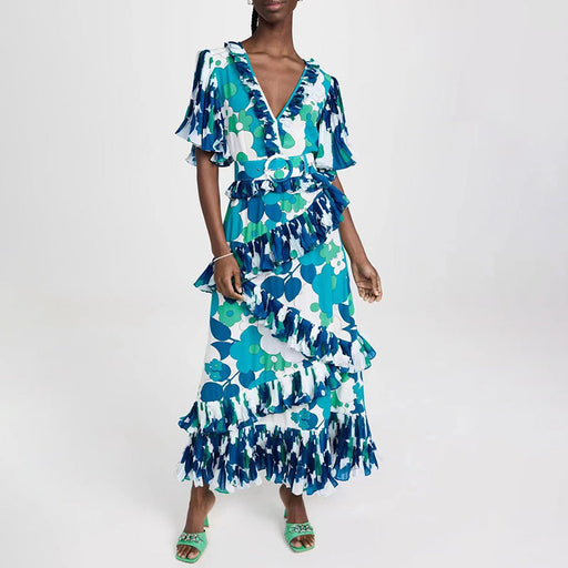 Color-Blue-Vacation Sexy Beach Dress Spring V neck Ruffle Irregular Asymmetric Dress Women-Fancey Boutique