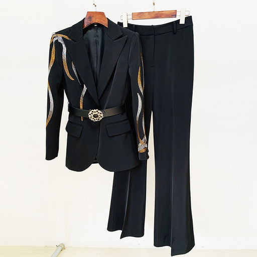 Color-Black-Goods Star Socialite Colorful Crystals Rhinestone Series Belt Suit Bell Bottom Pants Suit Two Pieces-Fancey Boutique