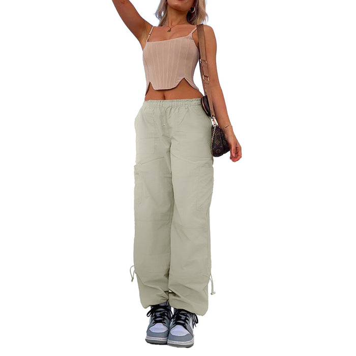 Color-Green-Women Clothing Loose Tied Multi Bag Straight Stretch Workwear Casual Pants-Fancey Boutique