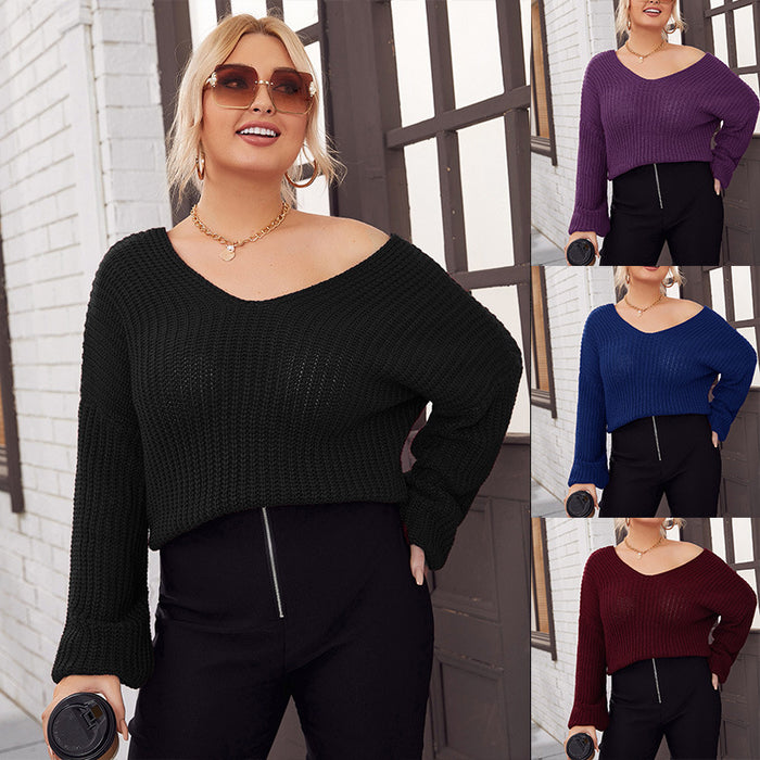 Color-Plus Size Real Shot Women Clothing Autumn Winter V neck Knitted Sweater for Women-Fancey Boutique