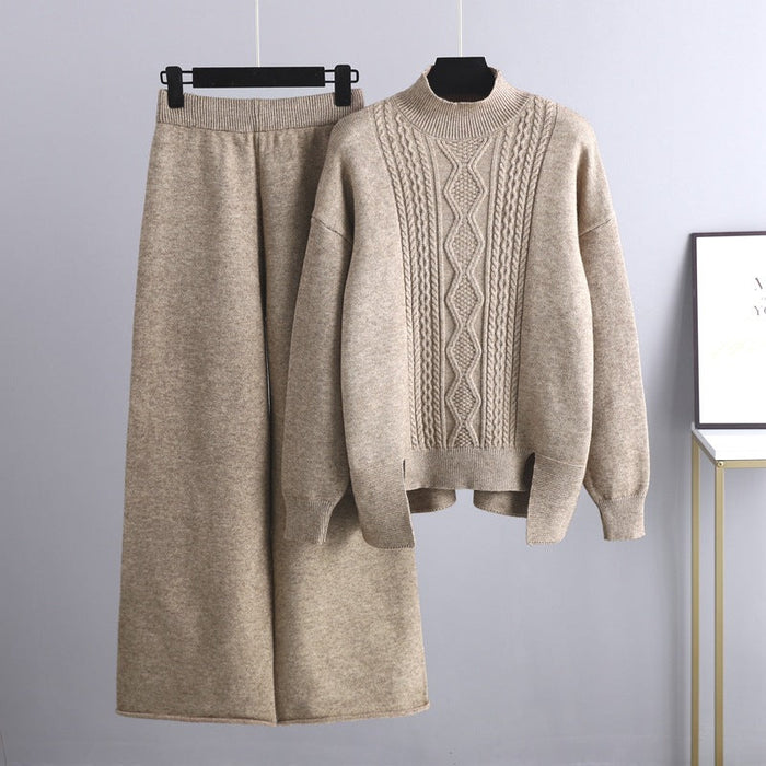 Color-Khaki-Autumn Winter Slimming Knitted Suit Women Thickened Loose Turtleneck Sweater Wide Leg Pants Two Piece Suit-Fancey Boutique