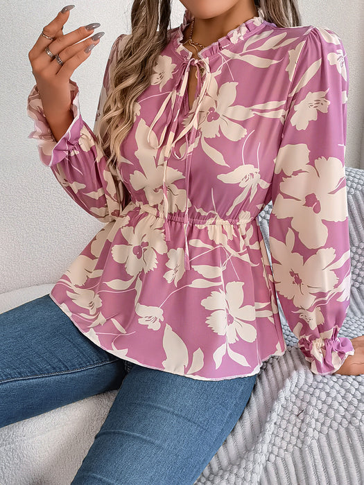 Color-Real Shot Spring Summer Casual Floral Lace up Long Sleeve Chiffon Shirt Top Women Clothing-Fancey Boutique