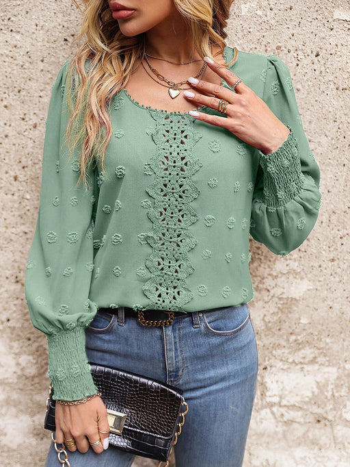 Color-Women Round Neck Puff Sleeve Big Polka Dot Stitching Lace Smocking Shirt-Fancey Boutique