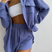 Color-Blue-Women Clothing Spring Collared Loose Shirt High Waist Shorts Two Piece Set Casual Set-Fancey Boutique