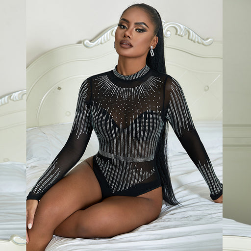 Color-Sexy Underwear Mesh Rhinestone Sexy Long Sleeve Tight Jumpsuit Women Hollow Out Cutout out See through Seduction Pajamas-Fancey Boutique