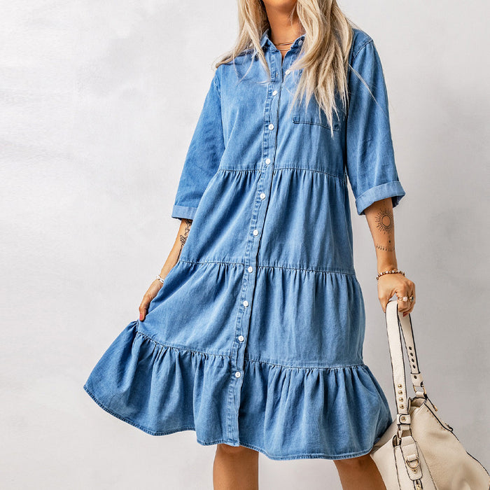 Color-Sky Blue Pleated Denim Full Buckle Midi Dress Women Loose Knee Length-Fancey Boutique