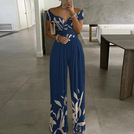 Color-Blue-Spring Autumn Women Clothing off Shoulder Printing Office Printed Waist Controlled Jumpsuit-Fancey Boutique