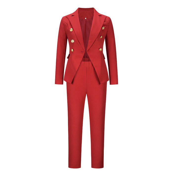 Color-Red-Autumn Winter Office Long Sleeve Small Work Pant Suit Casual Professional Women-Fancey Boutique