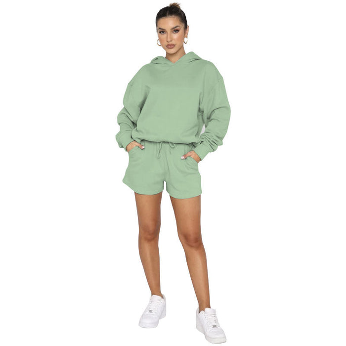 Color-Light Green-Autumn Winter Solid Color Pullover Hooded Long Sleeves Sweaters Women Clothing Casual Shorts Suit-Fancey Boutique