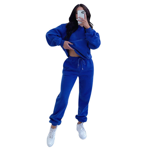 Color-Blue-Autumn Winter Solid Color Long Sleeve Hooded Fleece Lined Sweater Women Casual Trousers sets-Fancey Boutique