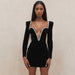 Color-Autumn Winter Long Sleeve High Waist Deep V Plunge Plunge Sheath Slim Black Gold Velvet Backless-Fancey Boutique