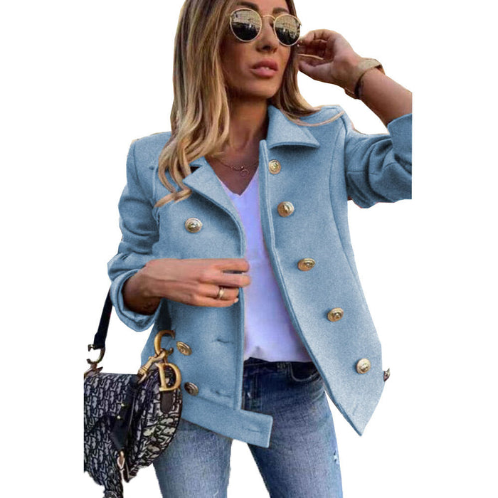 Color-skyblue-Fall Winter Slim Long Sleeve Double Breasted Collar Woolen Jacket-Fancey Boutique