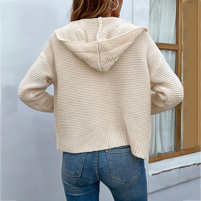 Color-Women Knitwear Autumn Winter Solid Color Hooded Cable-Knit Sweater Women Cardigan-Fancey Boutique