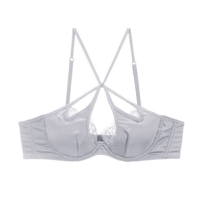 Color-Gray one-piece-French Sexy Underwear Glossy Cutout Eyelash Lace Thin Soft Steel Ring Criss Cross Strap Push up Bra Set-Fancey Boutique