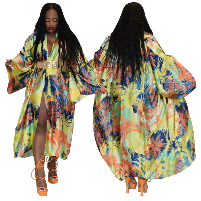 Color-Yellow Maple-Coat Artificial Silk Multi Print Casual Trench Coat-Fancey Boutique