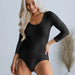 Color-Black-Autumn Thread Fitted Long Sleeve Tight Sexy Bodysuit Bottoming T Back One Piece Trousers-Fancey Boutique