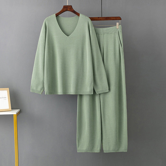 Color-Green-Solid Color V neck Ice Silk Suit Spring Autumn Loose High Waist Casual Two Piece Sweater-Fancey Boutique