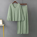 Color-Green-Solid Color V neck Ice Silk Suit Spring Autumn Loose High Waist Casual Two Piece Sweater-Fancey Boutique