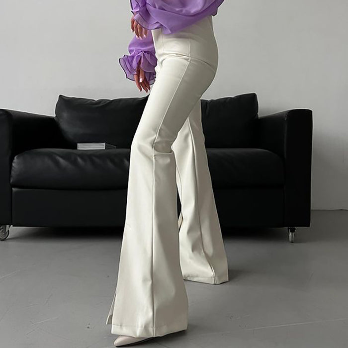 Color-Autumn Winter Faux Leather White Stitching Slit Sexy Tight Slightly Flared Leather Pants Women Agent-Fancey Boutique