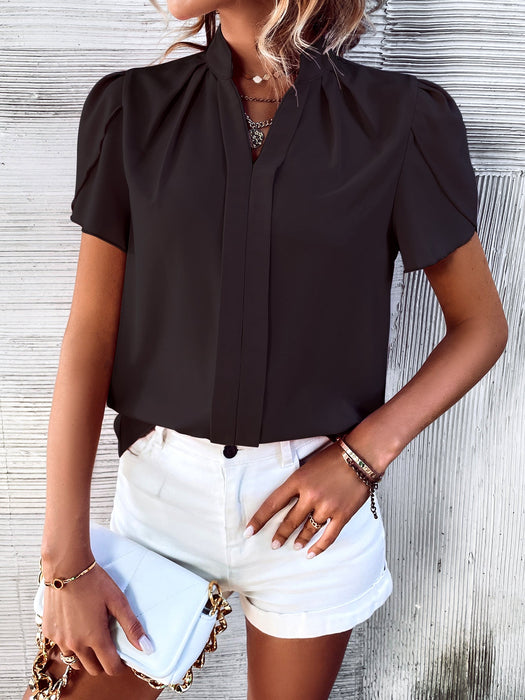 Color-Black-Women Clothing Spring Summer Casual Loose Short Sleeves Solid Color Shirt-Fancey Boutique