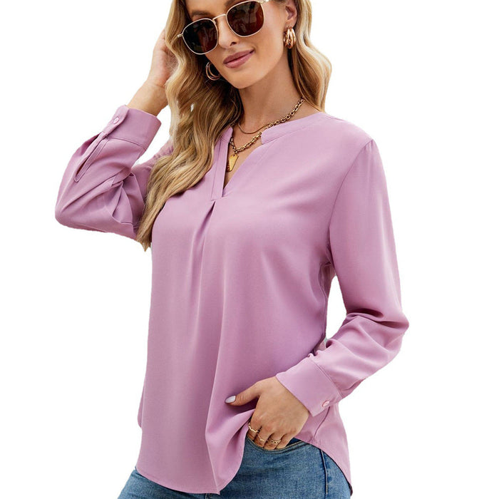 Color-Pink-Women Clothing Autumn Winter Solid Color Chiffon Shirt Loose V neck Pullover Long Sleeve Top Shirt-Fancey Boutique