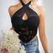 Color-Summer Sweet Spicy Mesh See-through Halter Stitching Lace Hollow Out Cutout Steel Ring Slim Fit Boning Corset Wrapped Chest Backless Outerwear Top-Fancey Boutique