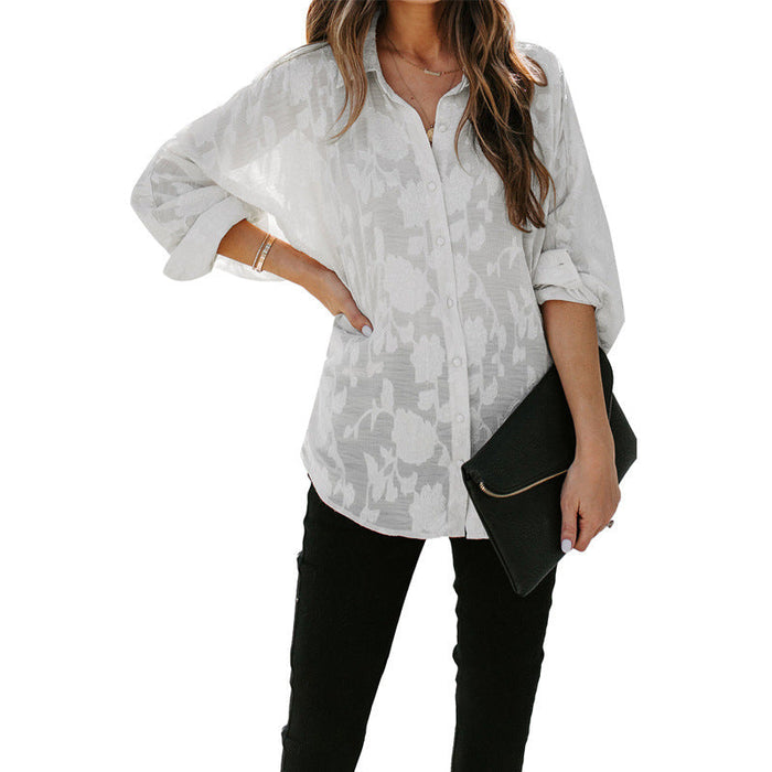 Color-White-Thin Lapels Shirt Women Autumn Summer Solid Color Start Long Sleeve Shirt-Fancey Boutique