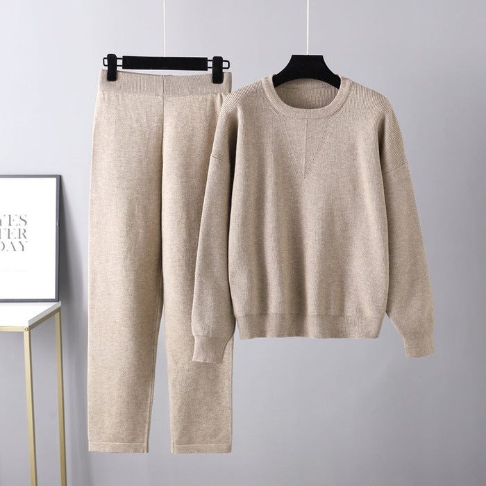 Color-Khaki-Autumn Winter Loose Casual Sweater Two Piece Set Solid Color Knitting Suit Women-Fancey Boutique