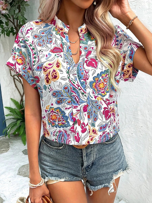 Color-Blue-Women Clothing Summer Painted Color Printing V neck Short Sleeve Women Top-Fancey Boutique