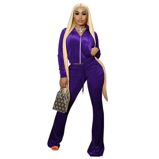 Color-Purple-Women Clothing Two-Piece Korean Velvet Solid Color Long Sleeve Sexy cropped Casual Sports Suit-Fancey Boutique