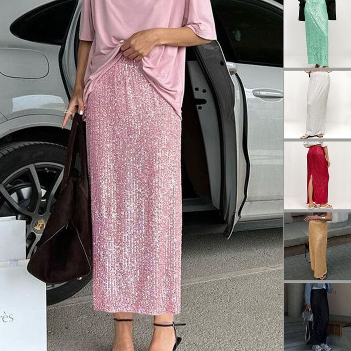 Color-Women Clothing Solid Color Sequ Back Slit Casual Skirt-Fancey Boutique
