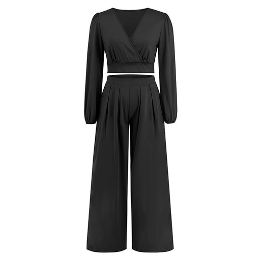 Color-Black-Autumn Winter Women V neck Long Sleeved Short Top Straight Leg Trousers Two Piece Set-Fancey Boutique