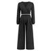 Color-Black-Autumn Winter Women V neck Long Sleeved Short Top Straight Leg Trousers Two Piece Set-Fancey Boutique