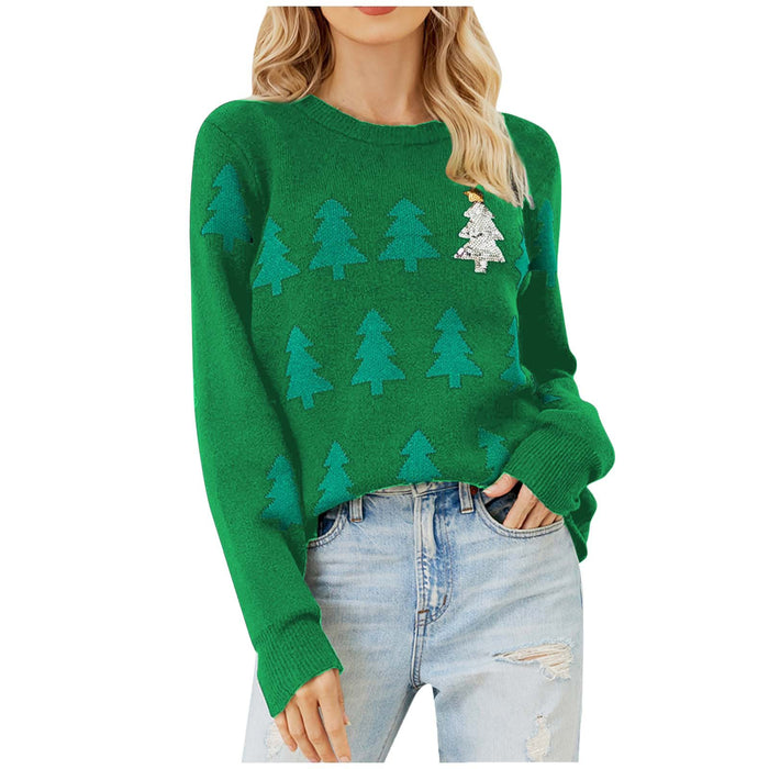 Color-Christmas Tree Jacquard Christmas Sweater Women Casual Pullover Sweater-Fancey Boutique