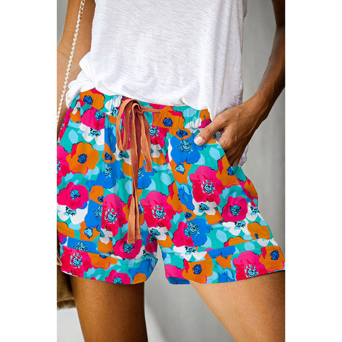 Color-Summer Multi Color Floral Print Drawstring Elastic Waist Casual Shorts Women Summer Loose Casual Beach Pants-Fancey Boutique