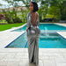 Color-Summer Solid Color Metallic Coated Fabric Round Neck Long Sleeve Narrow Backless Long Glossy Dress-Fancey Boutique