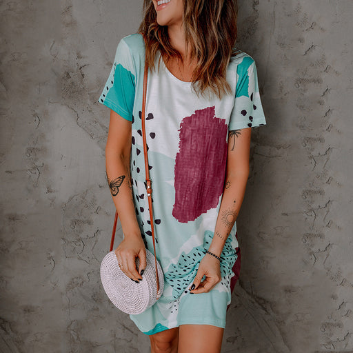 Color-Summer Floral Print round Neck Short Sleeve Casual Dress Women-Fancey Boutique